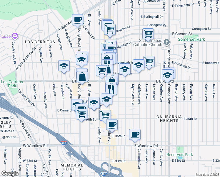 map of restaurants, bars, coffee shops, grocery stores, and more near Atlantic Avenue in Long Beach