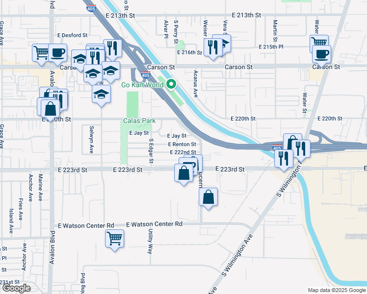 map of restaurants, bars, coffee shops, grocery stores, and more near 1202 East Jay Street in Carson