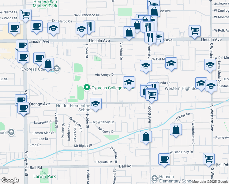 map of restaurants, bars, coffee shops, grocery stores, and more near 3971 West Orange Avenue in Anaheim