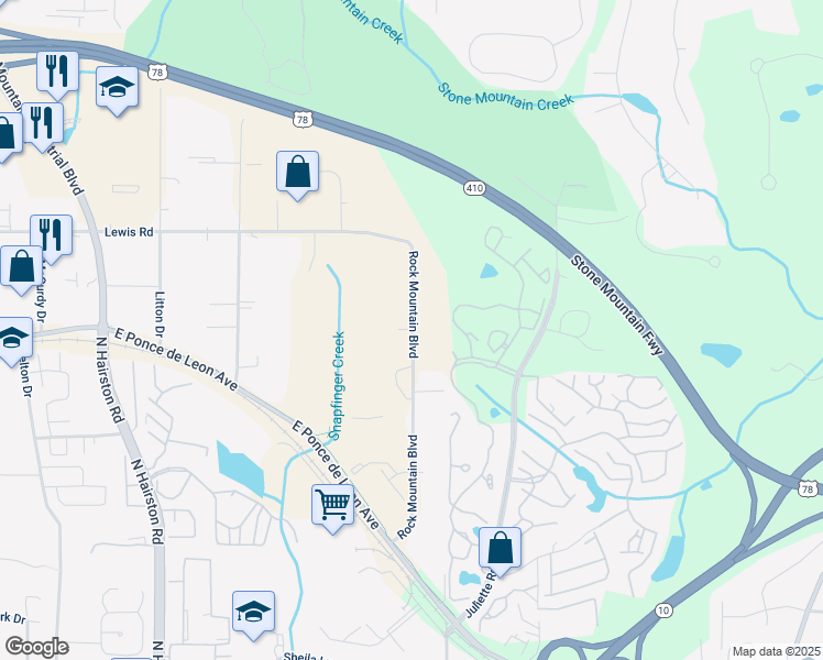 map of restaurants, bars, coffee shops, grocery stores, and more near 1644 Rock Mountain Boulevard in Stone Mountain