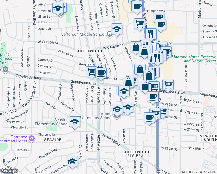 map of restaurants, bars, coffee shops, grocery stores, and more near 22305 Ladeene Avenue in Torrance