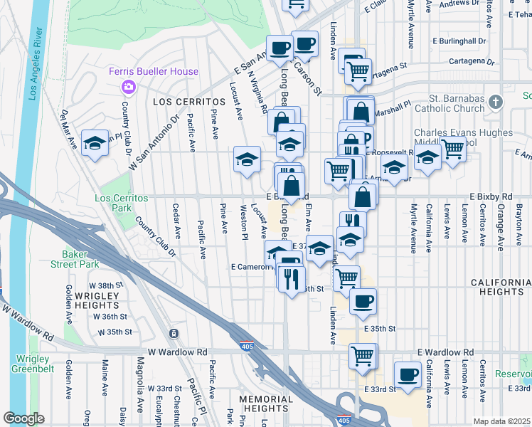 map of restaurants, bars, coffee shops, grocery stores, and more near 3750 Locust Avenue in Long Beach