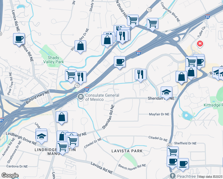 map of restaurants, bars, coffee shops, grocery stores, and more near 1538 Chantilly Drive Northeast in Atlanta