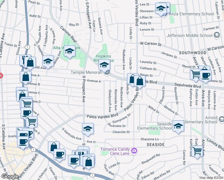 map of restaurants, bars, coffee shops, grocery stores, and more near 22304 Shadycroft Avenue in Torrance