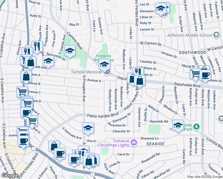 map of restaurants, bars, coffee shops, grocery stores, and more near 22304 Shadycroft Avenue in Torrance