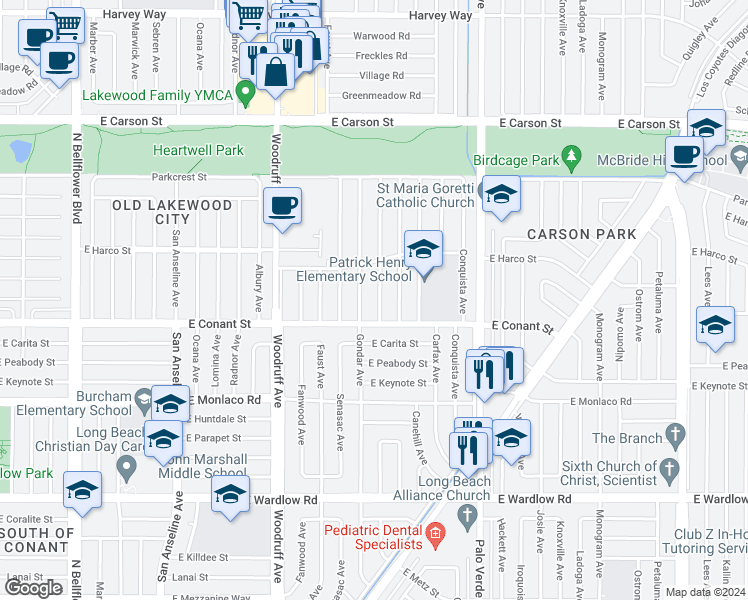 map of restaurants, bars, coffee shops, grocery stores, and more near 3729 McNab Avenue in Long Beach