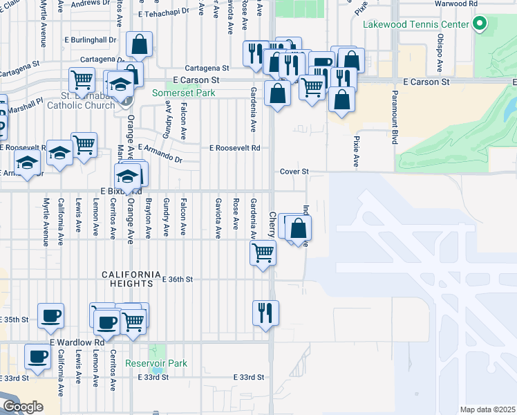 map of restaurants, bars, coffee shops, grocery stores, and more near 3746 Gardenia Avenue in Long Beach