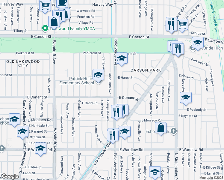 map of restaurants, bars, coffee shops, grocery stores, and more near 3728 Conquista Avenue in Long Beach
