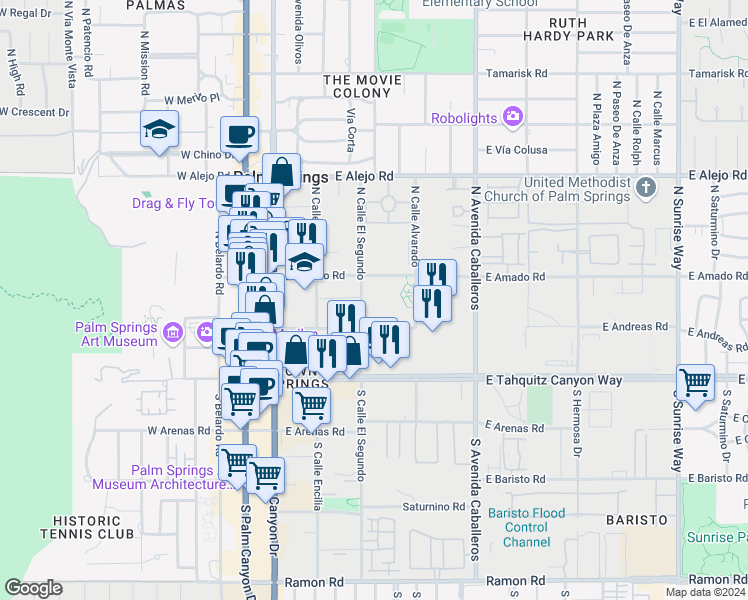 map of restaurants, bars, coffee shops, grocery stores, and more near 222 North Calle El Segundo in Palm Springs