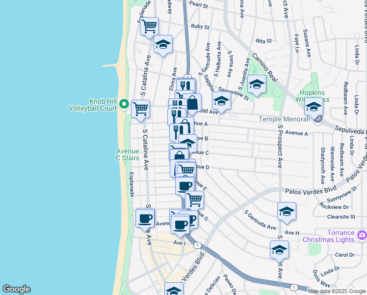 map of restaurants, bars, coffee shops, grocery stores, and more near 230 Avenue B in Redondo Beach