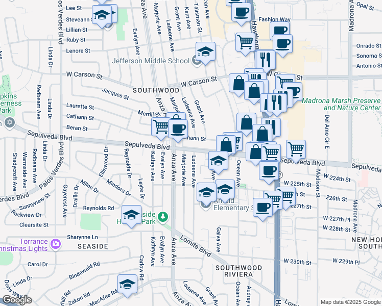 map of restaurants, bars, coffee shops, grocery stores, and more near 22305 Ladeene Avenue in Torrance