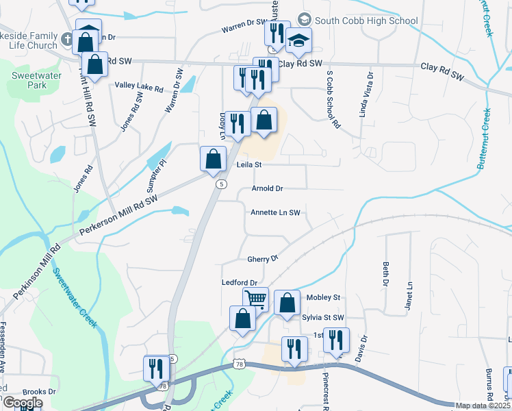 map of restaurants, bars, coffee shops, grocery stores, and more near 1971 Arnold Drive in Austell
