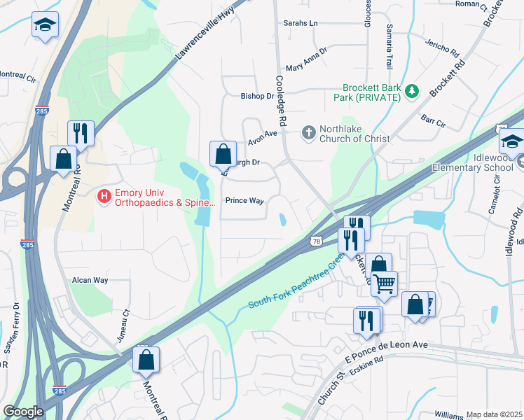 map of restaurants, bars, coffee shops, grocery stores, and more near 3710 Marlborough Drive in Tucker