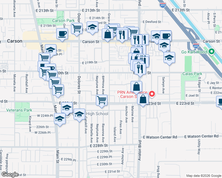 map of restaurants, bars, coffee shops, grocery stores, and more near 503 East 222nd Street in Carson