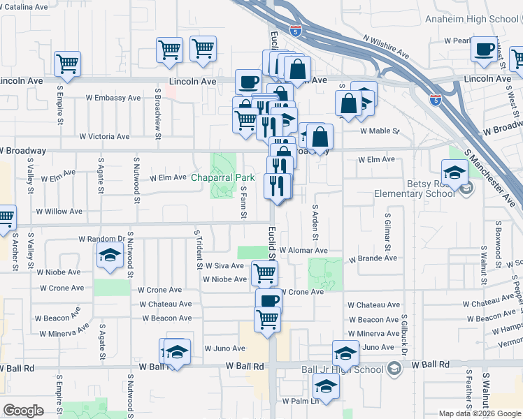 map of restaurants, bars, coffee shops, grocery stores, and more near 508 South Falcon Street in Anaheim