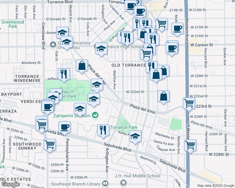 map of restaurants, bars, coffee shops, grocery stores, and more near 2157 Plaza del Amo in Torrance