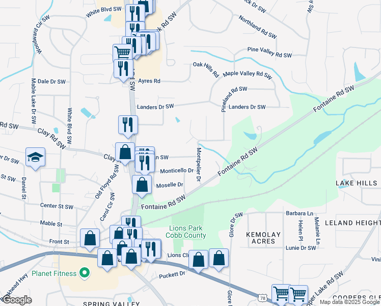 map of restaurants, bars, coffee shops, grocery stores, and more near 568 Maran Lane Southwest in Mableton