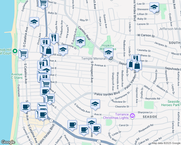 map of restaurants, bars, coffee shops, grocery stores, and more near 1003 South Prospect Avenue in Redondo Beach