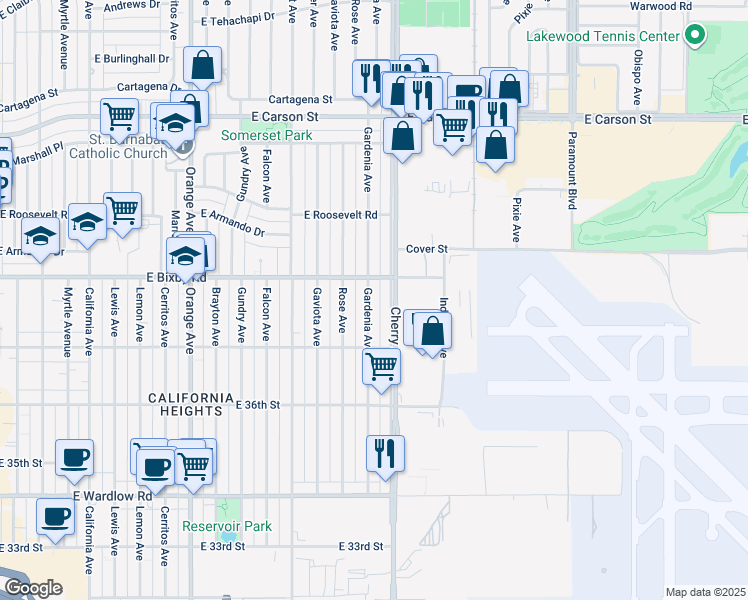 map of restaurants, bars, coffee shops, grocery stores, and more near 3746 Gardenia Avenue in Long Beach