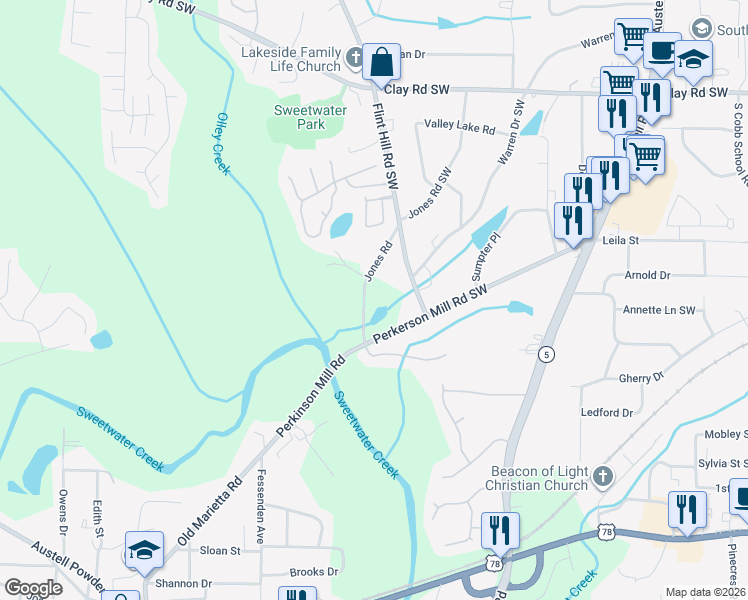 map of restaurants, bars, coffee shops, grocery stores, and more near 5323 Jones Road in Austell
