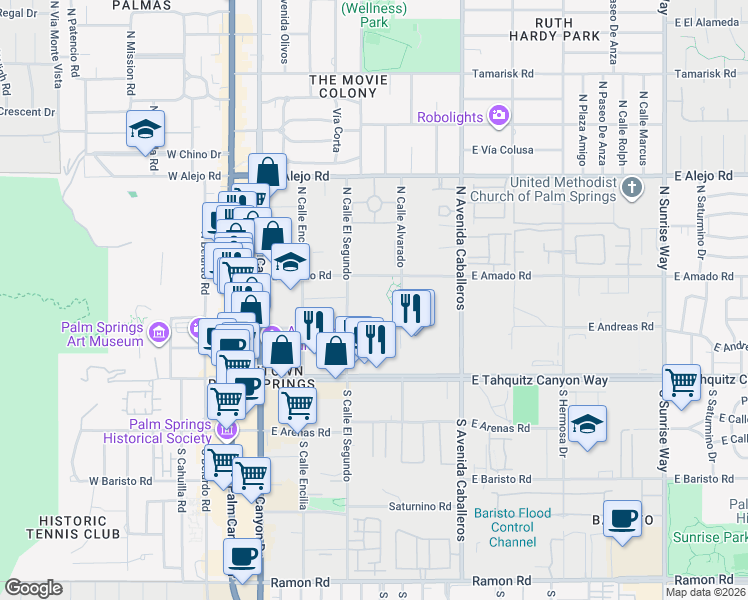 map of restaurants, bars, coffee shops, grocery stores, and more near 605 East Amado Road in Palm Springs