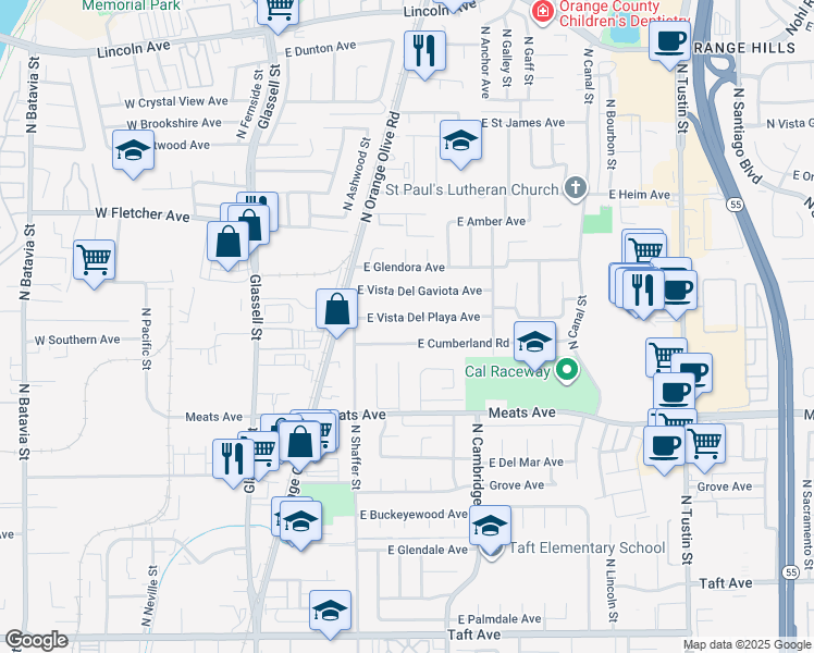 map of restaurants, bars, coffee shops, grocery stores, and more near 617 East Vista Del Playa Avenue in Orange