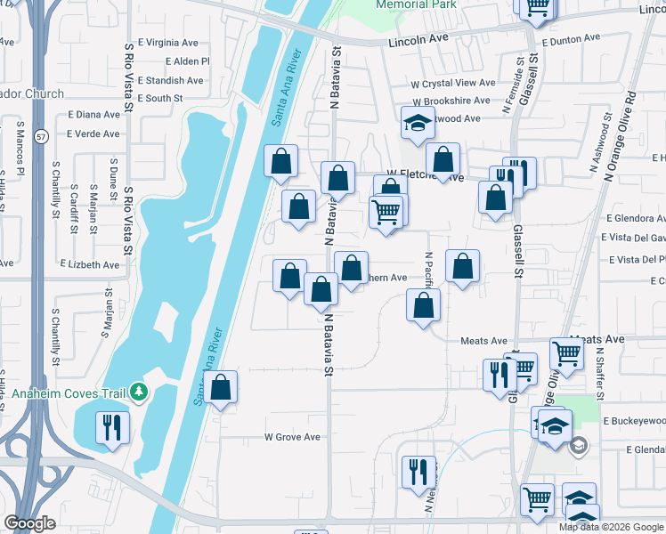 map of restaurants, bars, coffee shops, grocery stores, and more near 2288 North Batavia Street in Orange