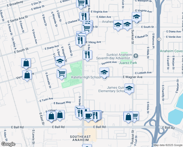 map of restaurants, bars, coffee shops, grocery stores, and more near 937 South Firwood Lane in Anaheim