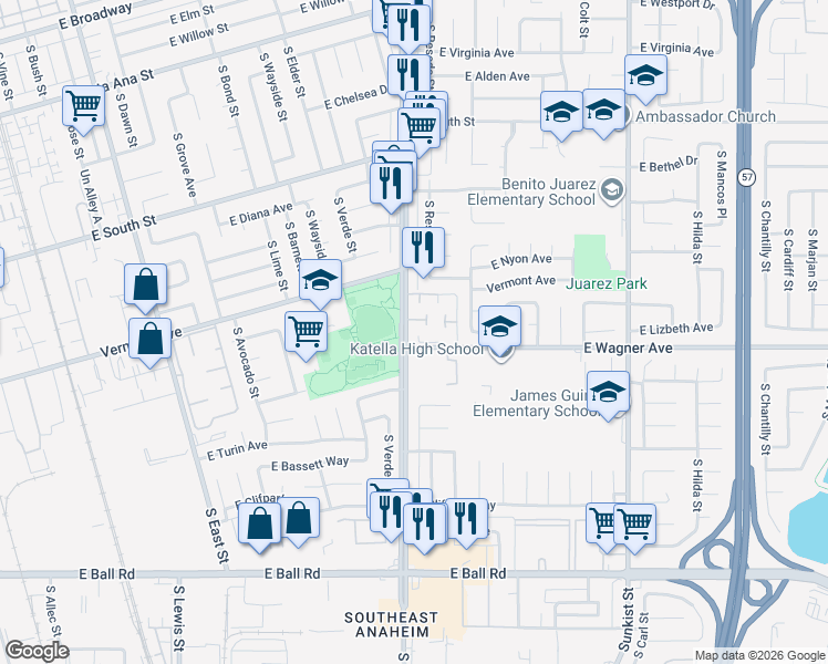 map of restaurants, bars, coffee shops, grocery stores, and more near 2001 East Figwood Lane in Anaheim