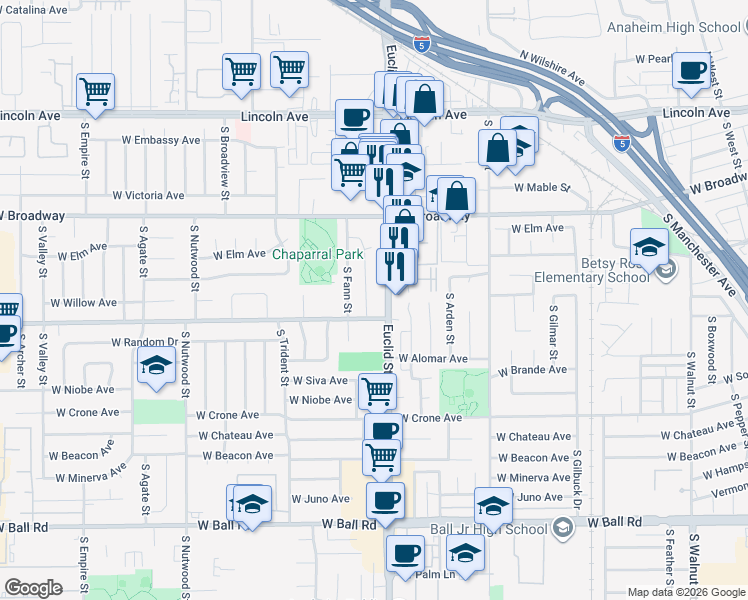 map of restaurants, bars, coffee shops, grocery stores, and more near 441 South Euclid Street in Anaheim