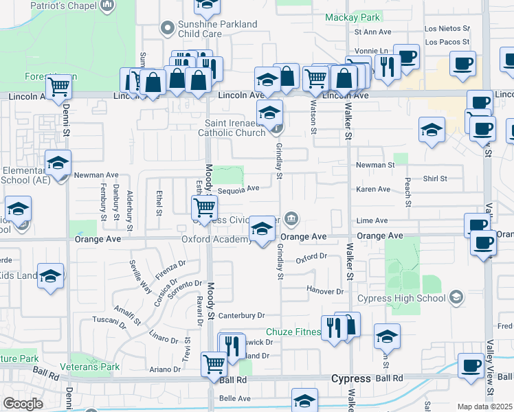 map of restaurants, bars, coffee shops, grocery stores, and more near 5156 Edgemont Circle in Cypress