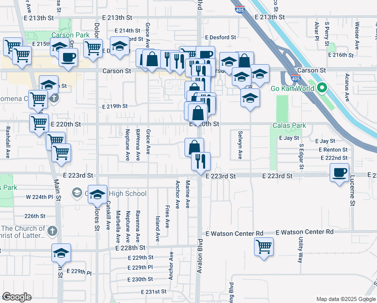 map of restaurants, bars, coffee shops, grocery stores, and more near 634 East 221st Street in Carson
