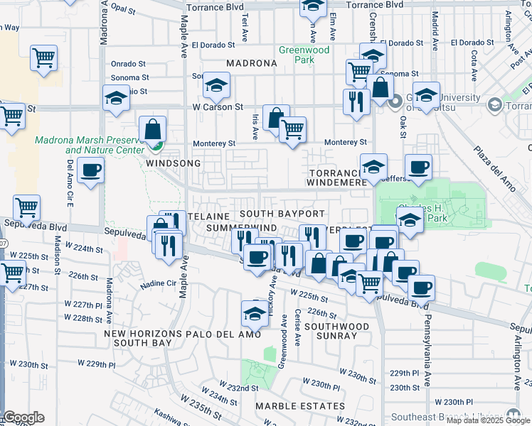 map of restaurants, bars, coffee shops, grocery stores, and more near 2675 Bayport Drive in Torrance