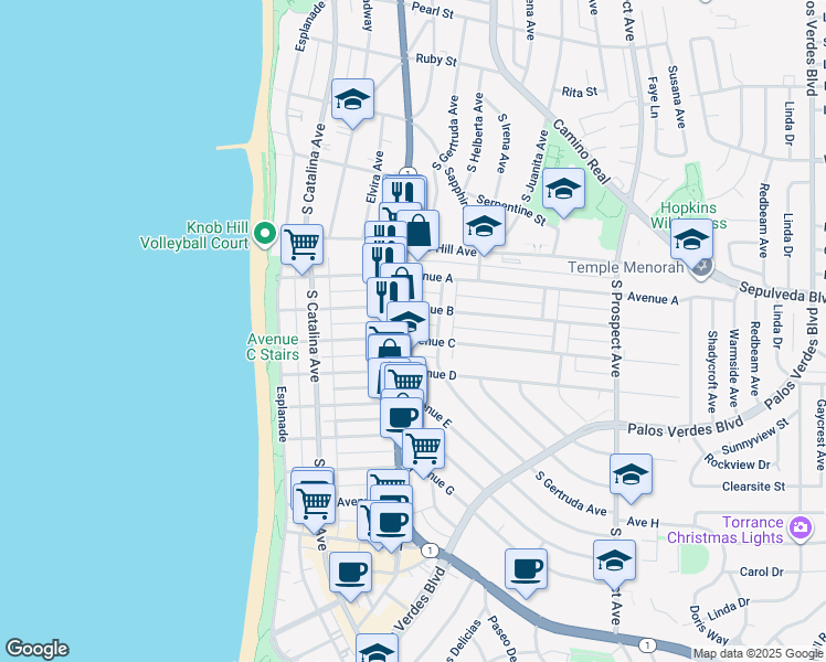 map of restaurants, bars, coffee shops, grocery stores, and more near 532 1/2 Avenue B in Redondo Beach