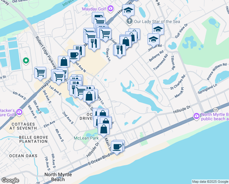 map of restaurants, bars, coffee shops, grocery stores, and more near 1354 Landfall Drive in North Myrtle Beach