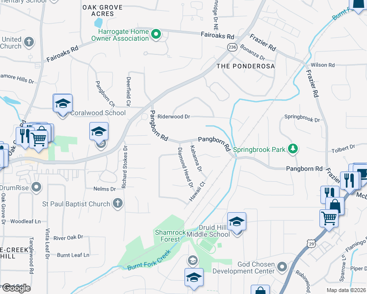 map of restaurants, bars, coffee shops, grocery stores, and more near 1529 Diamond Head Drive in Decatur