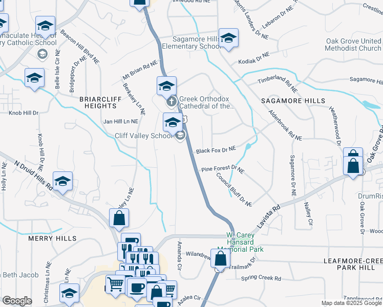 map of restaurants, bars, coffee shops, grocery stores, and more near in North Druid Hills