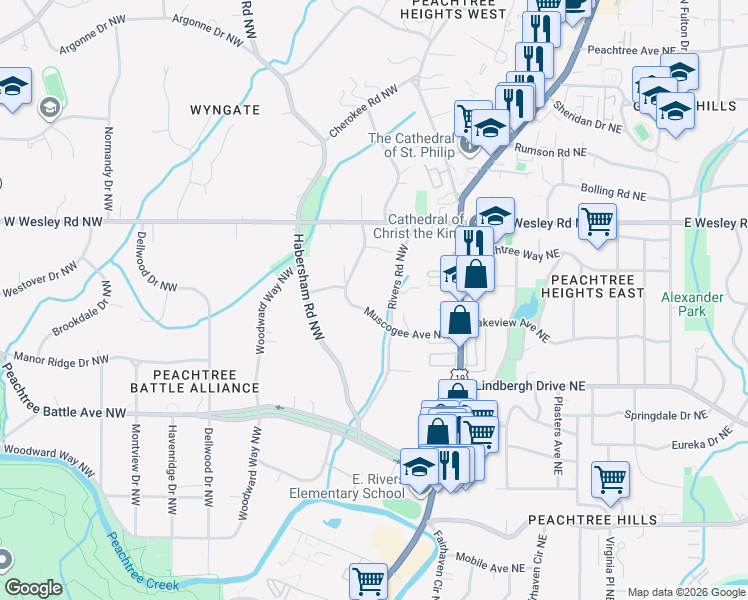 map of restaurants, bars, coffee shops, grocery stores, and more near 47 Muscogee Avenue Northwest in Atlanta