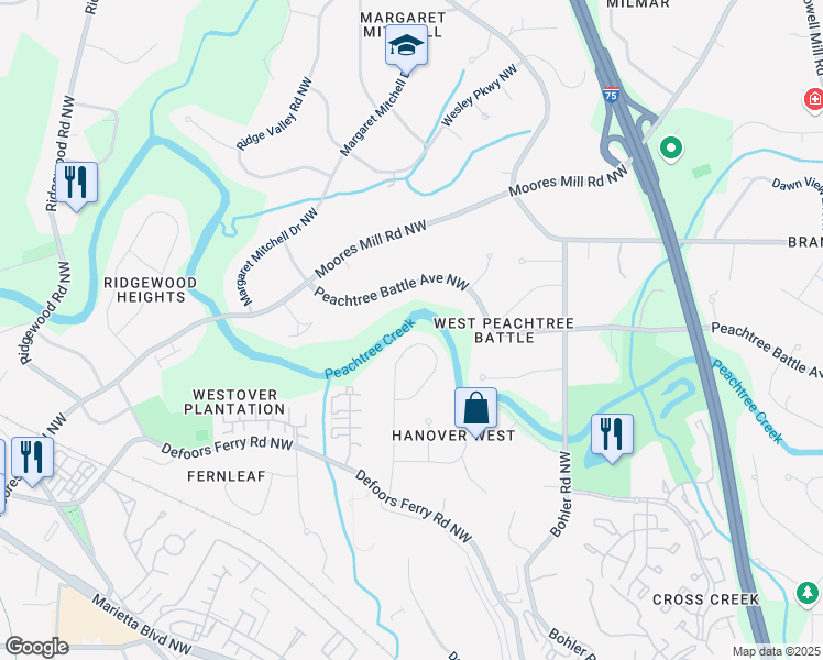 map of restaurants, bars, coffee shops, grocery stores, and more near 2580 Hyde Manor Drive Northwest in Atlanta