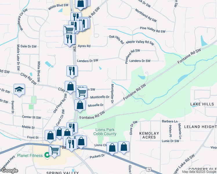 map of restaurants, bars, coffee shops, grocery stores, and more near 568 Maran Lane Southwest in Mableton