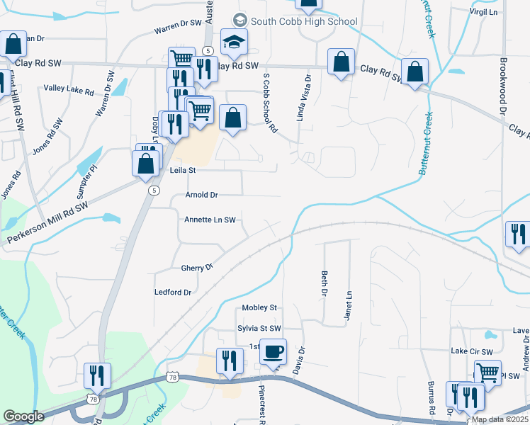map of restaurants, bars, coffee shops, grocery stores, and more near 1563 Brannon Circle in Austell