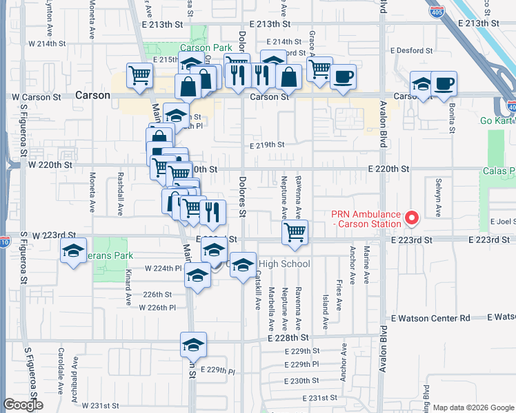 map of restaurants, bars, coffee shops, grocery stores, and more near 325 East 222nd Street in Carson