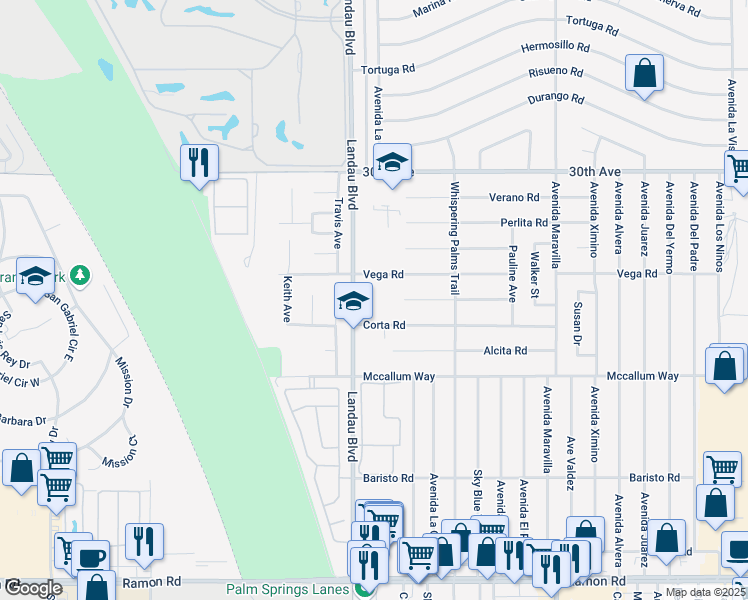 map of restaurants, bars, coffee shops, grocery stores, and more near 30600 Landau Boulevard in Cathedral City