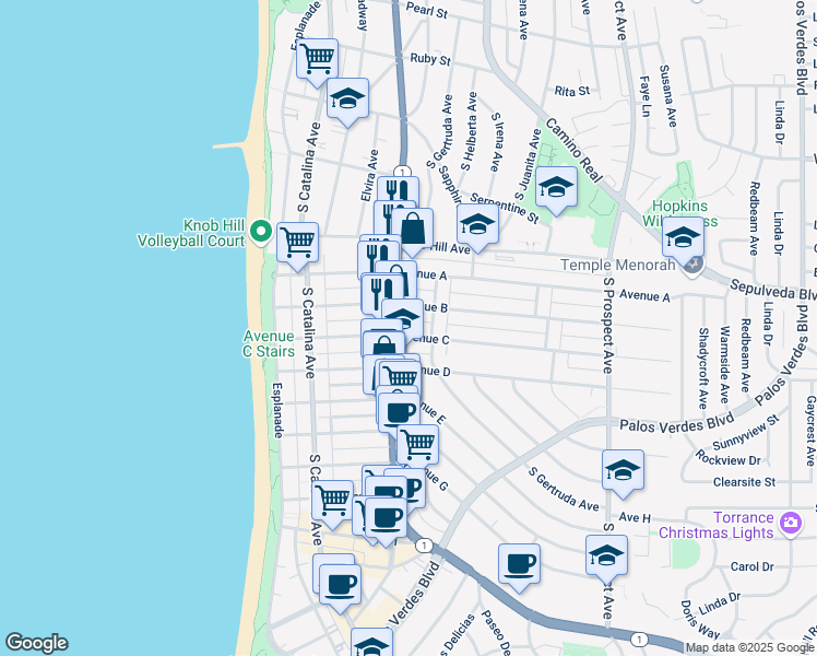 map of restaurants, bars, coffee shops, grocery stores, and more near in Redondo Beach