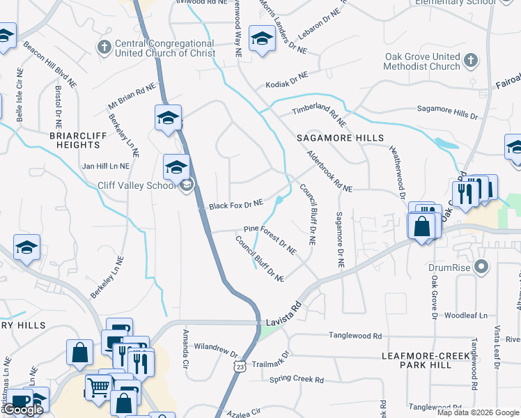 map of restaurants, bars, coffee shops, grocery stores, and more near 2083 Black Fox Dr NE in Atlanta