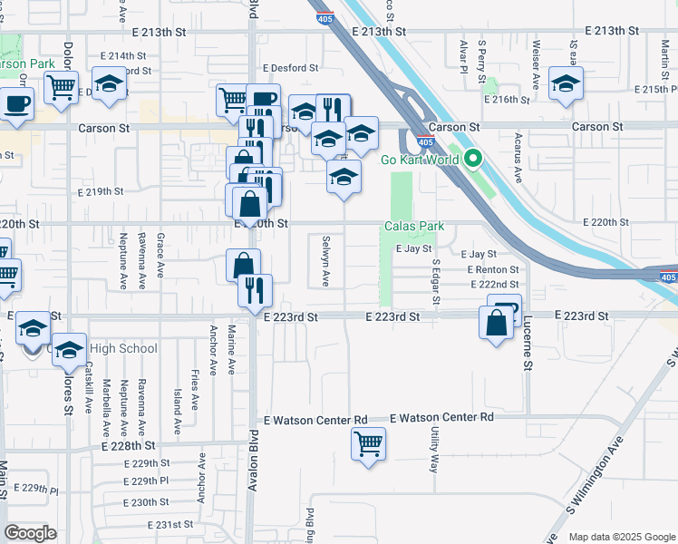 map of restaurants, bars, coffee shops, grocery stores, and more near 22129 Bonita Street in Carson