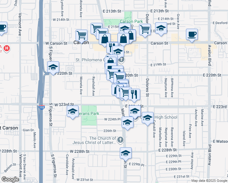 map of restaurants, bars, coffee shops, grocery stores, and more near 22125 South Main Street in Carson