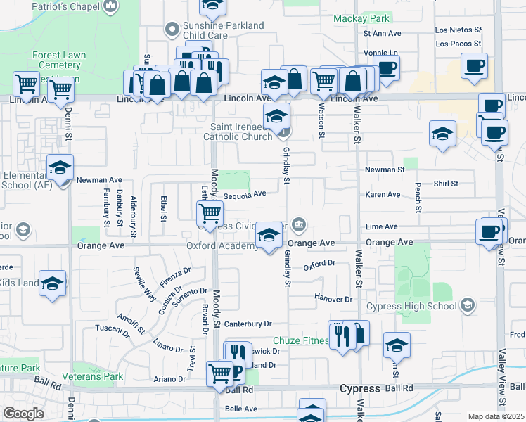 map of restaurants, bars, coffee shops, grocery stores, and more near 5156 Edgemont Circle in Cypress