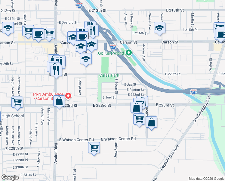 map of restaurants, bars, coffee shops, grocery stores, and more near 1047 East Spicer Street in Carson