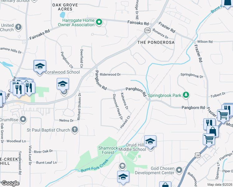 map of restaurants, bars, coffee shops, grocery stores, and more near 1529 Diamond Head Drive in Decatur